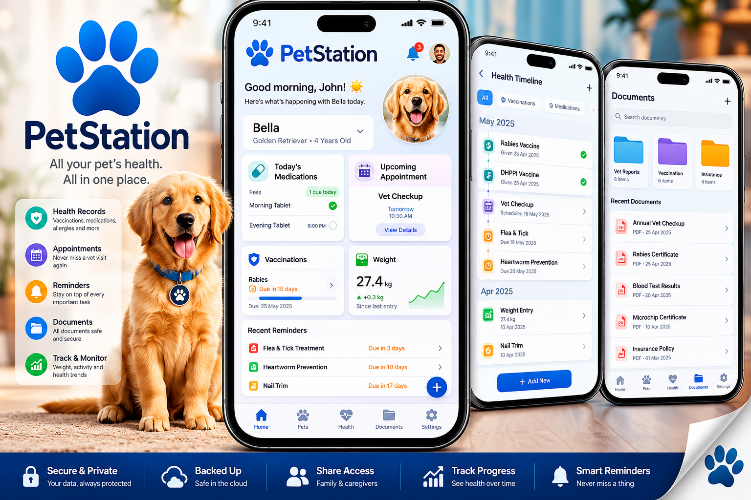 PetStation app interface showing pet health records, appointments and documents on a smartphone