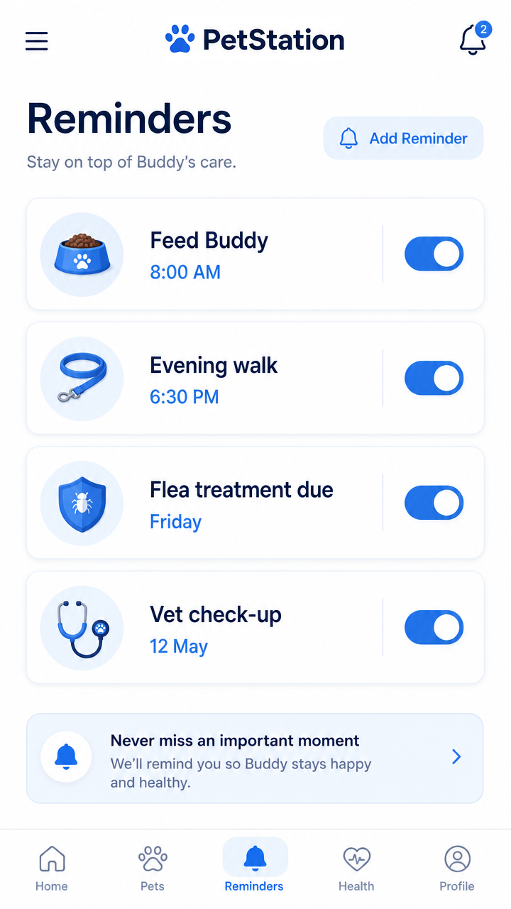 PetStation reminders screen listing gentle alerts for feeding, walks and vet check-ups